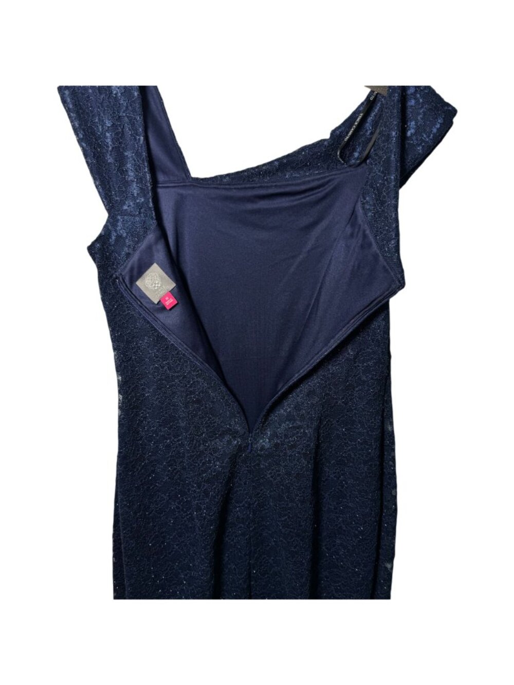 Vince Camuto Navy Shimmer Lace Draped Off Shoulder Cocktail Dress Womens Sz 10 - Picture 6 of 11